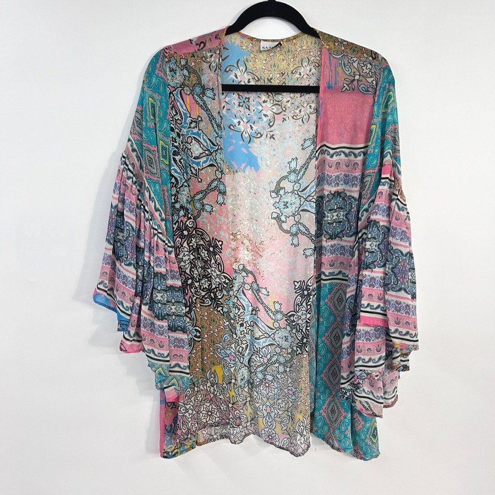 Saachi Paisley Open Front Kimono Tiered Bell Sleeve O/S Multicolor Boho Festival